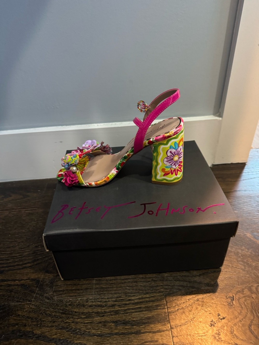 Betsey Johnson Hot Pink Floral Applique Block Heel Sandals